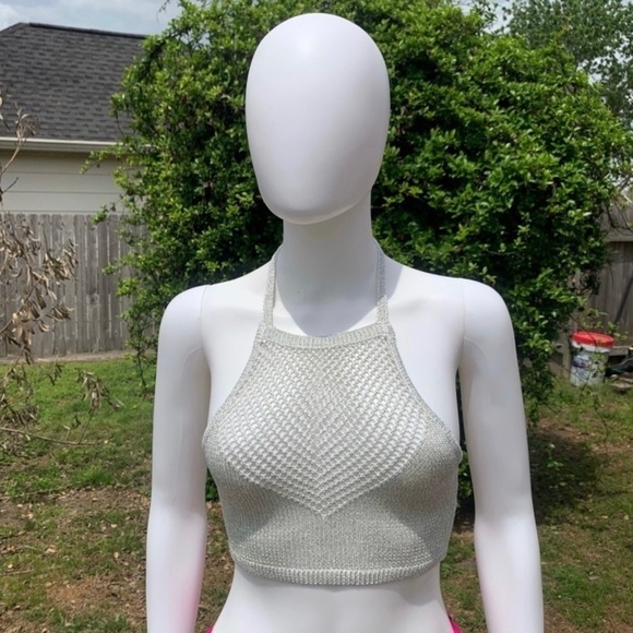 💋NWT Lovers + friends silver metallic halter bikini swim top - Picture 2 of 13